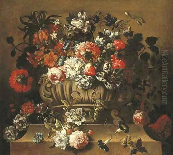 Tulips, a crown imperial lily, morning glory, roses, a peony and other flowers in a sculpted urn on a stone ledge - view 1