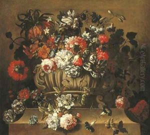 Tulips, a crown imperial lily, morning glory, roses, a peony and other flowers in a sculpted urn on a stone ledge by Gaspar-pieter The Younger Verbruggen