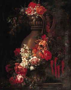 A garland of flowers decorating a sculpted urn on a stone ledge, a landscape beyond by Gaspar-pieter The Younger Verbruggen