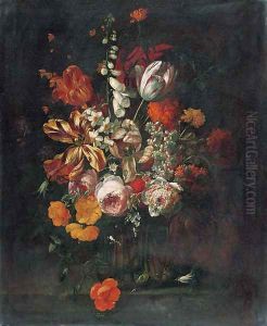 Roses, tulips, narcissi, a foxglove and other flowers in a glass vase on a ledge by Gaspar-pieter The Younger Verbruggen