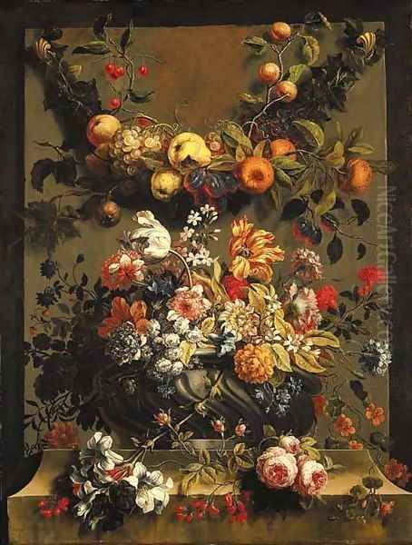 Tulips, roses, carnations, lilies, chrysanthemums and other flowers in an urn on a stone ledge, a bough of oranges, pears, grapes, cherries, nectarine - view 1