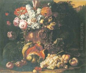 A still life of flowers in a bronze vase, with a melon, grapes, peaches and other fruit on a forest floor by Gaspar-pieter The Younger Verbruggen