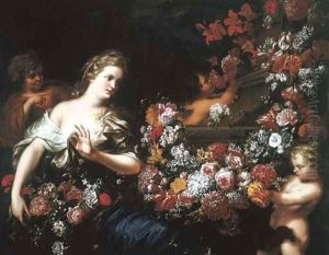 Flora with cherubs and garlands of flowers by Gaspar-pieter The Younger Verbruggen