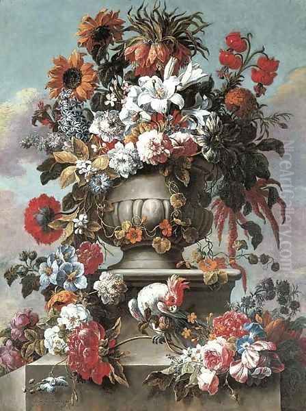Lillies, peonies, sunflowers, foxglove and other flowers in an urn with a cockatoo on a stone ledge - view 1