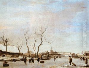 Frozen Canal with Skaters and Hockey Players by Adriaen Van De Velde