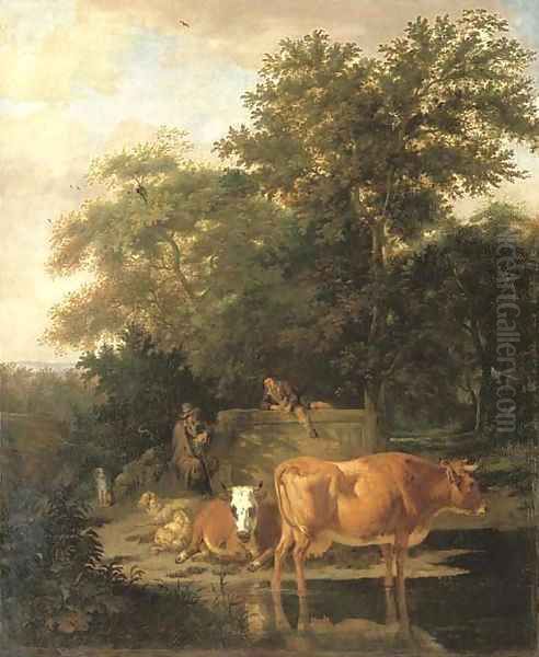 A wooded landscape with herdsmen resting and cows watering by a river - view 1