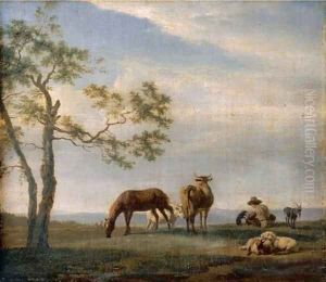 An extensive landscape with a herdsman with cattle, goats and a horse