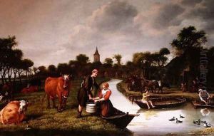 River Landscape with a couple carrying a milk churn