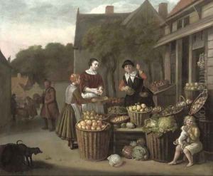 A woman and child purchasing fruit at a market