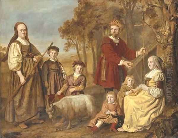 Group portrait of a family, full-length, in pastoral dress, in a landscape - view 1