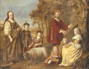 Group portrait of a family, full-length, in pastoral dress, in a landscape
