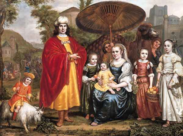 Portrait historie of a family in a landscape a gentleman, standing small full length and his wife, seated small full length - view 1