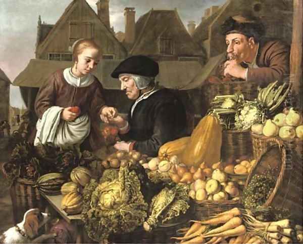A young woman buying fruit from an old woman at a market, a man smoking a pipe nearby - view 1