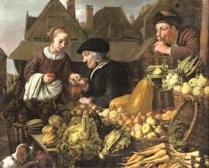 A young woman buying fruit from an old woman at a market, a man smoking a pipe nearby