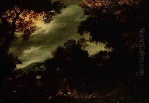 Stag hunt in a wooded landscape by David Vinckboons I