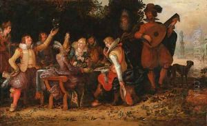 Elegant company feasting, with musicians beneath an arbour, a palace and ornamental garden beyond