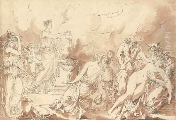 A vestal virgin pouring oil on an altar, with satyrs surrounding a nude woman in the foreground - view 1