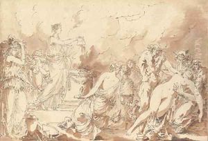 A vestal virgin pouring oil on an altar, with satyrs surrounding a nude woman in the foreground by Elisabeth Vigee-Lebrun