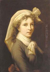 Portrait of the artist, bust length, in a cravate and headscarf by Elisabeth Vigee-Lebrun