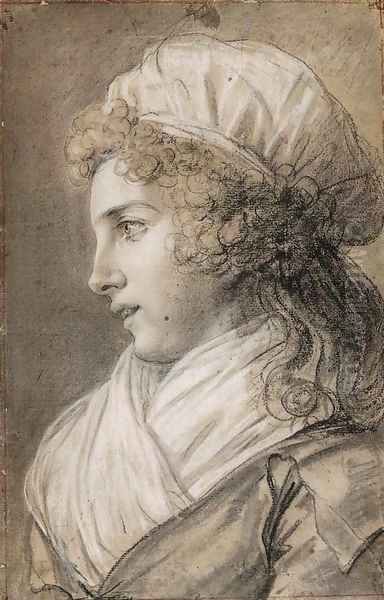 Portrait of of a girl, bust-length, in profile to the left, wearing a bonnet and a scarf - view 1