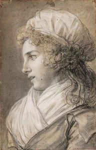 Portrait of of a girl, bust-length, in profile to the left, wearing a bonnet and a scarf by Elisabeth Vigee-Lebrun