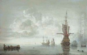 The squadron of Admiral Maarten van Tromp preparing to make sail, the flagship Aemilia firing a salute for the Admiral in his barge by Simon De Vlieger