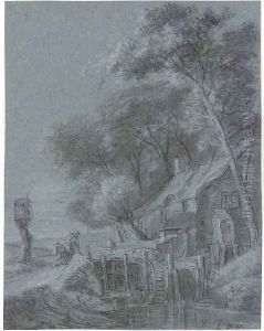 A mill on a wooded riverbank, with two labouring peasants by Simon De Vlieger