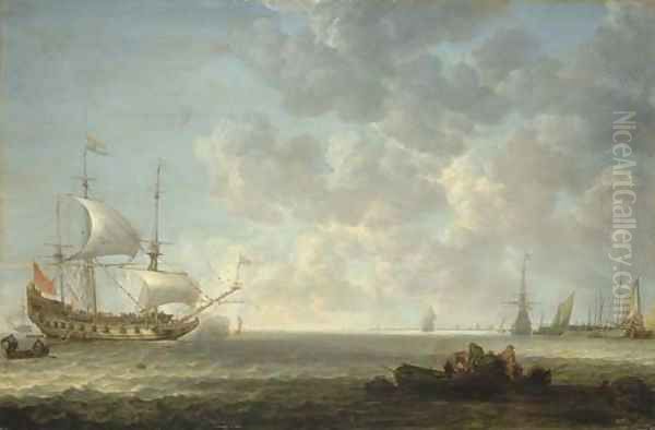 A coastal landscape with Dutch frigates exchanging salutes offshore in a light breeze, by a pier with a frigate, a haring buis and other vessels - view 1