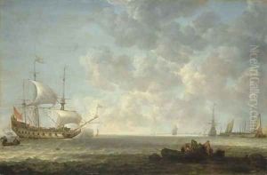 A coastal landscape with Dutch frigates exchanging salutes offshore in a light breeze, by a pier with a frigate, a haring buis and other vessels by Simon De Vlieger