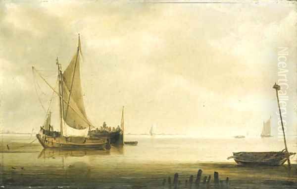 A smalschip and a waterschip anchored in an estuary in a calm, a wherry by a breakwater in the foreground - view 1