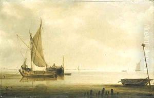 A smalschip and a waterschip anchored in an estuary in a calm, a wherry by a breakwater in the foreground by Simon De Vlieger