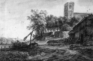 View of a village road with a well by a church by Simon De Vlieger