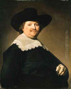 Portrait of a Gentleman, half-length, wearing a black costume with a white lace collar and a black hat by Johannes Cornelisz. Verspronck