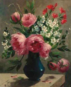 Summer flowers in a blue vase by Emile Vernon