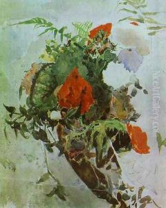 Red Flowers and Leaves of Begonia in a Basket. 1886-89 by Mikhail Aleksandrovich Vrubel