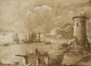 Des Voiliers Et Des Barques Avec Des Pecheurs Dans Un Port Pres D'une Tour by Filippo Angeli
