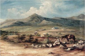 The Artist And His Mount Overlooking A Valley In The Eastern Cape, With A Wagon Train Passing A Farm Below by Thomas John Baines