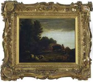 A Shepherd And His Flock Resting In A Wooded Landscape