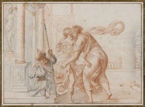 Deux Vertus Se Donnant L'accolade Devant Un Soldat Nain by Pierre Brebiette