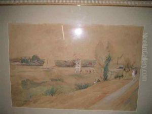 "bord De Riviere Pres De Juvisy" Aquarelle Et Gouache Signee