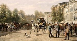Franzosische Pferdehandler Auf Belebtem Marktplatz by Felix Dominique De Vuillefroy