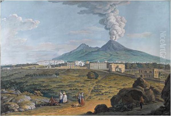 Naples, Vue Du Palais Royal De Portici, Avec Le Vesuve En Eruption - view 1