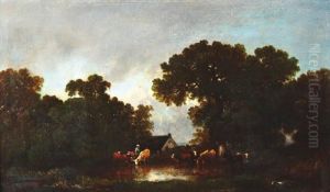 Landschap Met Koeien Bij Een Drenkplaats