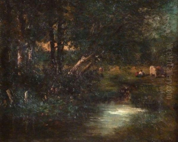 Vache Et Gardien De Vache Pres De La Mare - view 1