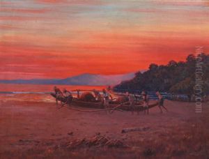 Mannen Met Vissersboot Aan Het Strand Bij Zonsondergang by Leonardus Eland