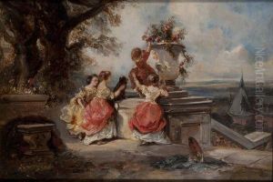 Enfants Et Vasques De Fleurs Dans Un Parc by Eugene Isabey