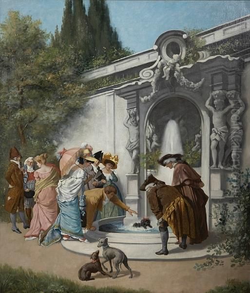 Figures Gathered Around A Gardenfountain - view 1