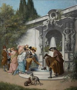 Figures Gathered Around A Gardenfountain by Albert Francois Fleury