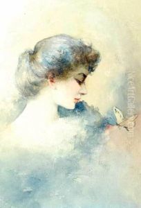 Head Of A Woman, With Butterfly by Albert Francois Fleury
