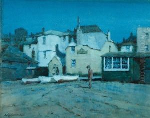 Figure In A Moonlit Cornish Boatyard by Albert Moulton Foweraker